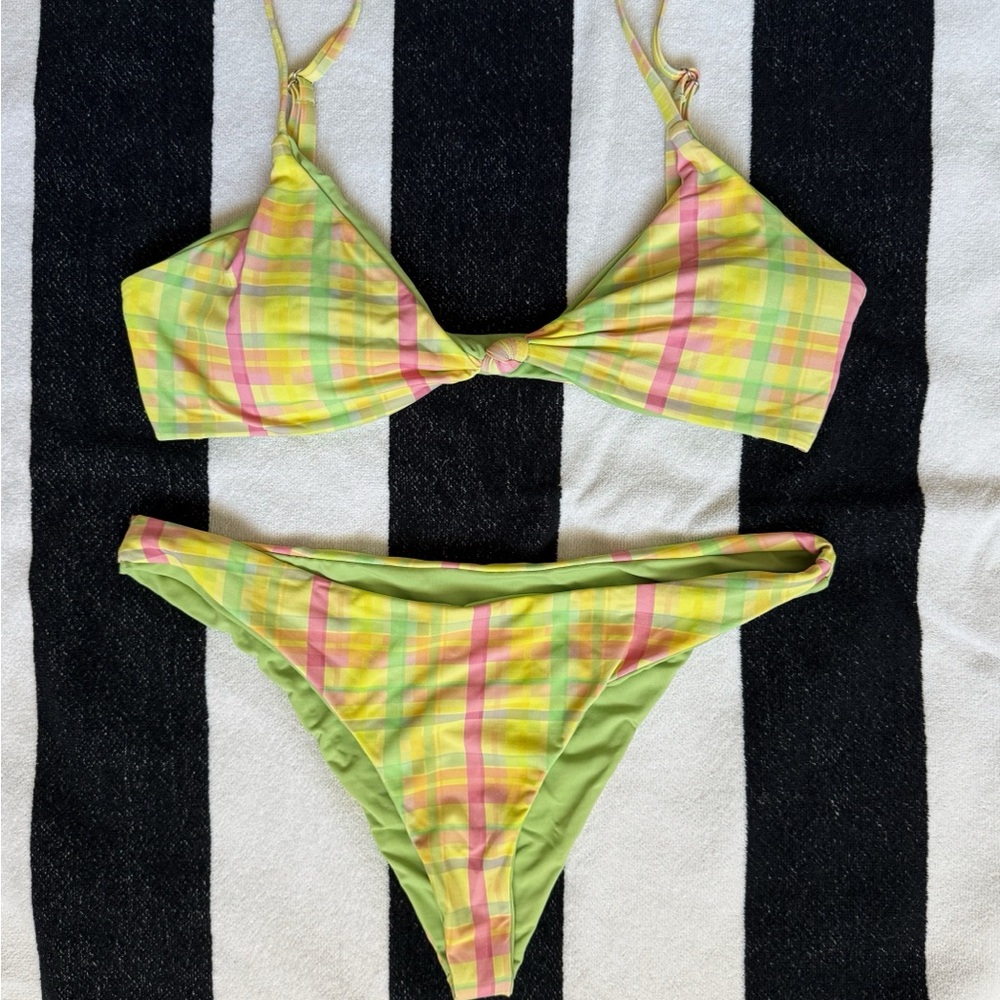 Dippin’ Daisy’s Yellow & Pink Plaid Reversible Bikini Set